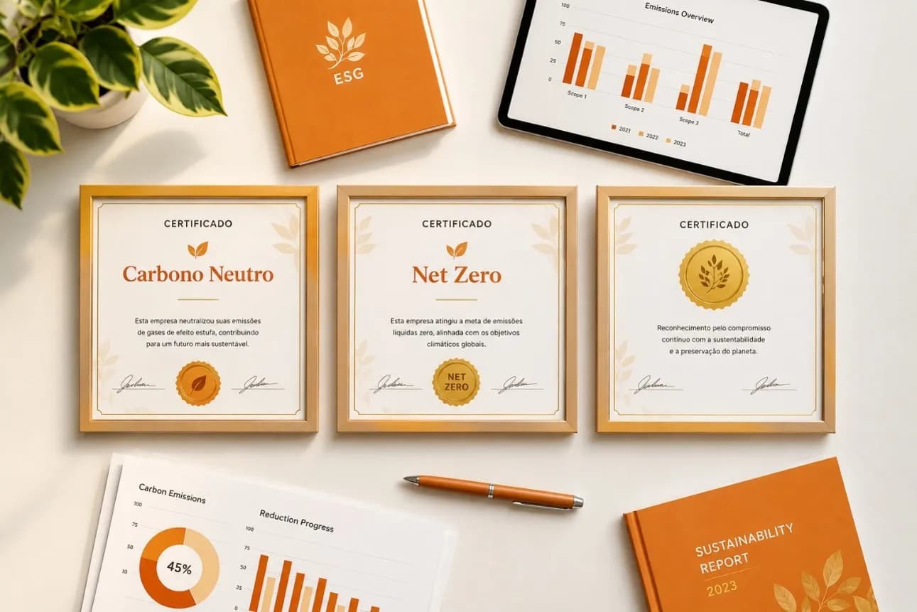 Três certificados ESG lado a lado — Carbono Neutro, Net Zero e Selo Ouro — sobre mesa corporativa com gráfico de emissões por escopo ao fundo