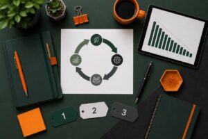 Diagrama circular de estratégia climática corporativa sobre mesa executiva com gráfico de emissões em queda e etapas de descarbonização