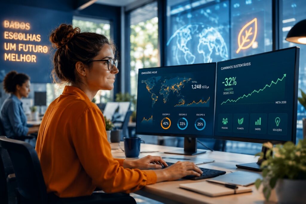 Profissional realizando gestão de emissões de carbono e analisando indicadores de sustentabilidade em painéis digitais em escritório corporativo moderno.